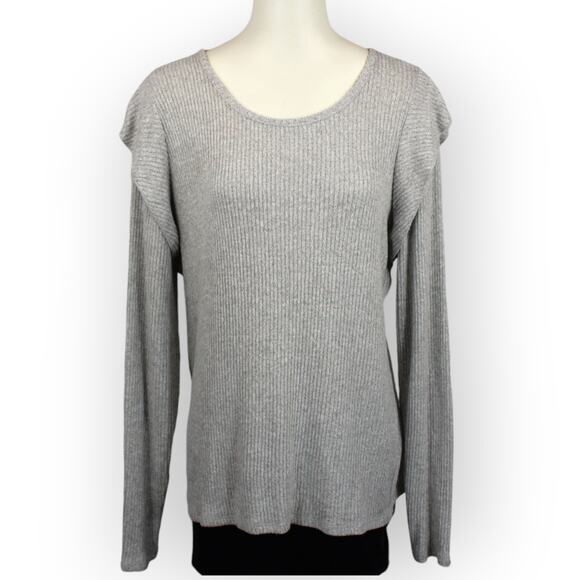 Lucky Brand XL Rib Ruffle Top Light Heather Grey Long Sleeves NEW 7W63484 $49 - Picture 3 of 12